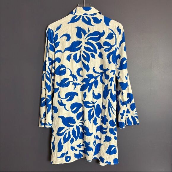 Zara White & Blue Tropical Floral Pattern Long Sleeve Mini Linen Wrap Dress Med - Picture 3 of 9